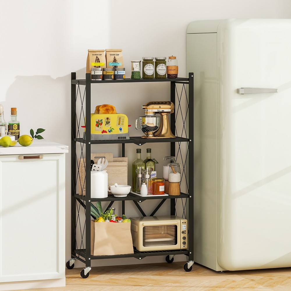 4-tier Foldable Storage Shelving Unit w/4 Universal Wheels for Kitchen Study