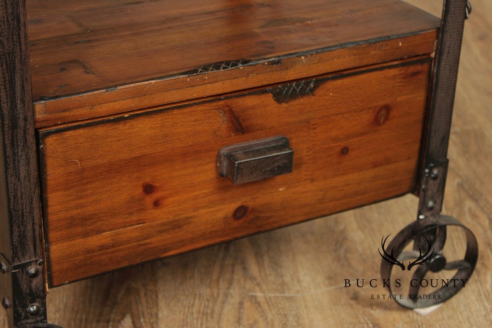 Industrial Rustic Pine And Iron Rolling Shelf With Drawer
