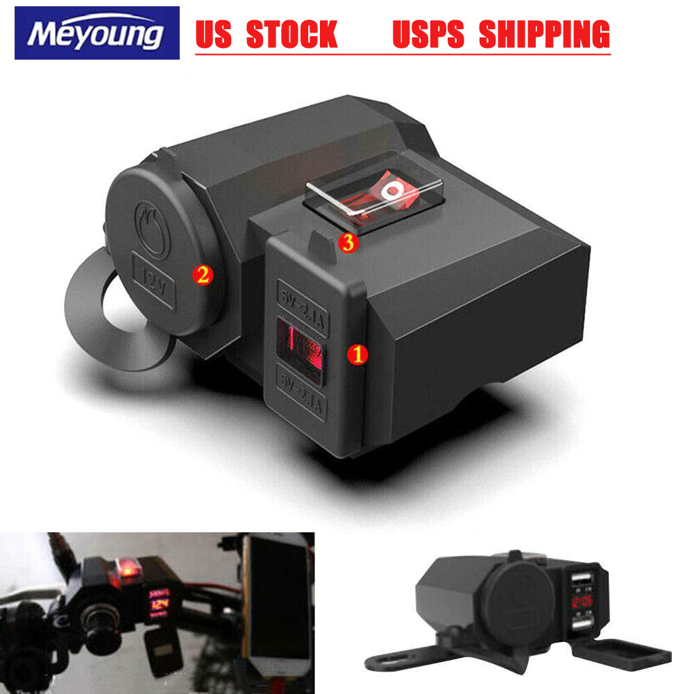 Motorcycle Handlebar Charger 12V 2 USB Port&Cigarette Lighter Socket Waterproof