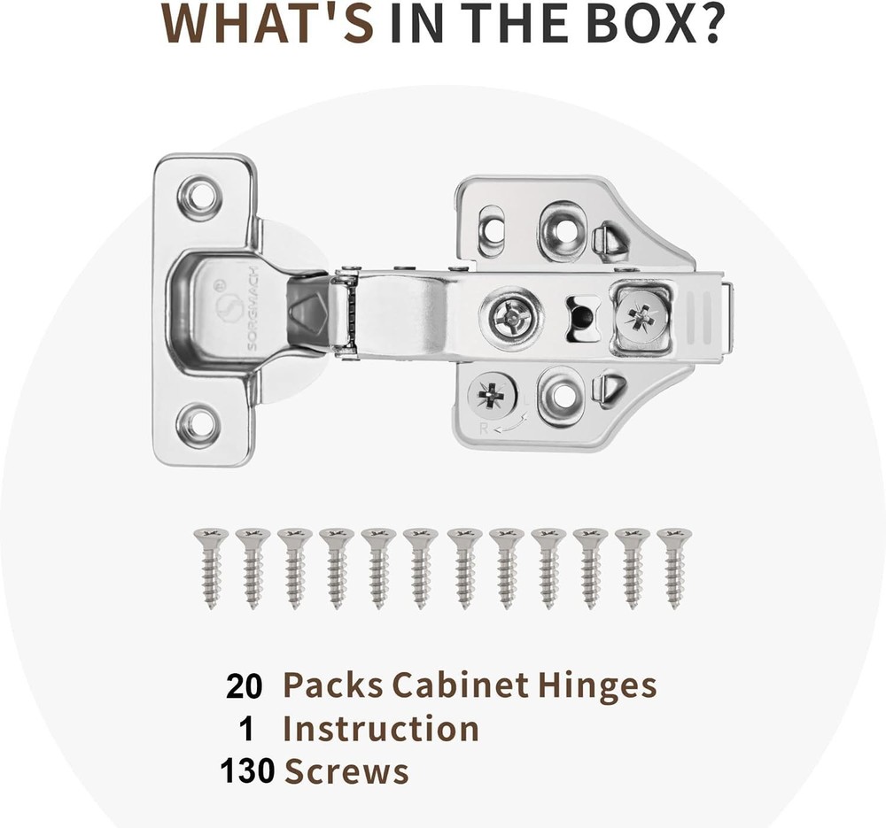 20 Pack Full Overlay Soft Close Cabinet Hinges 105° Frameless 3 Way Adjustabl...