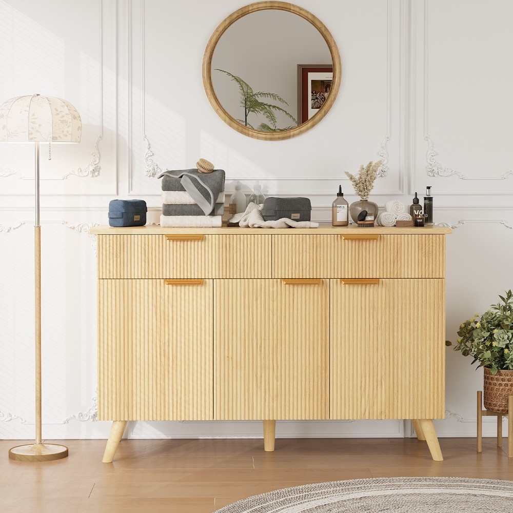 Kitchen Storage Cabinet with Drawers and Doors, Modern Fluted Sideboard Buffet