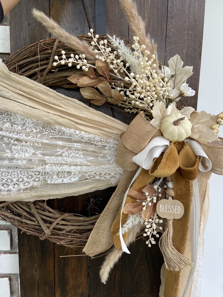 Fall Wreath Front Door - Neutral Thankful - Light Up