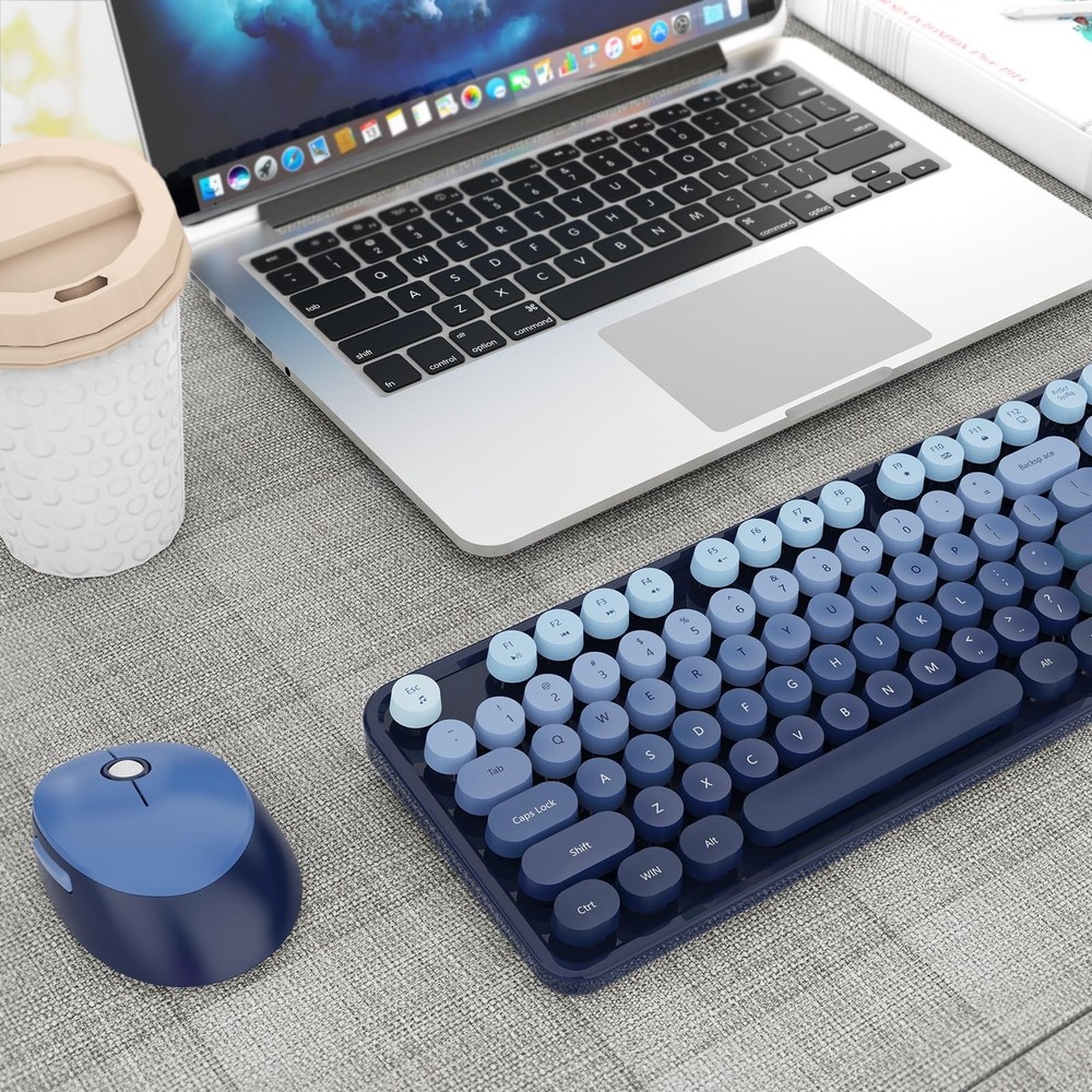 Wireless Keyboard and Mouse Combo, Retro Typewriter Keyboard with Round Keyca...