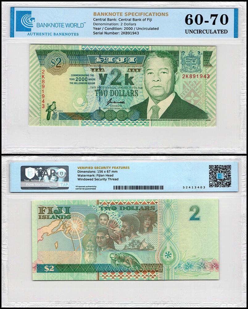 Fiji 2 Dollars, 2000, P-102, UNC, Commemorative, Authenticated Banknote