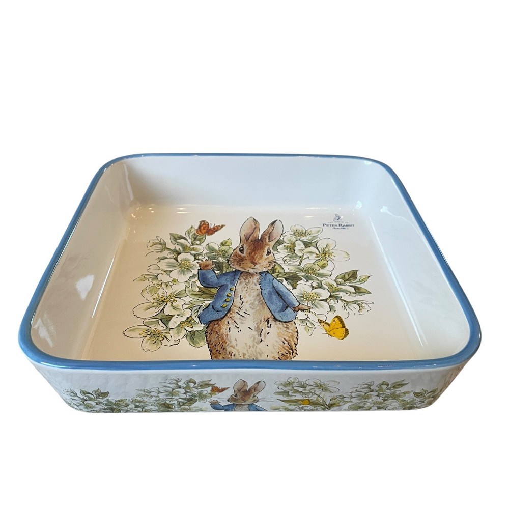Beatrix Potter Peter Rabbit 9" Square Ceramic Baker Blue Rim Easter Bakeware NEW