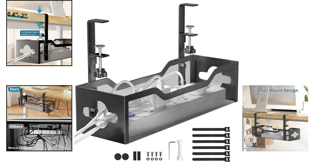 Space-Saving Metal Wire Management Tray for Desks - Easy Clamp Mount System