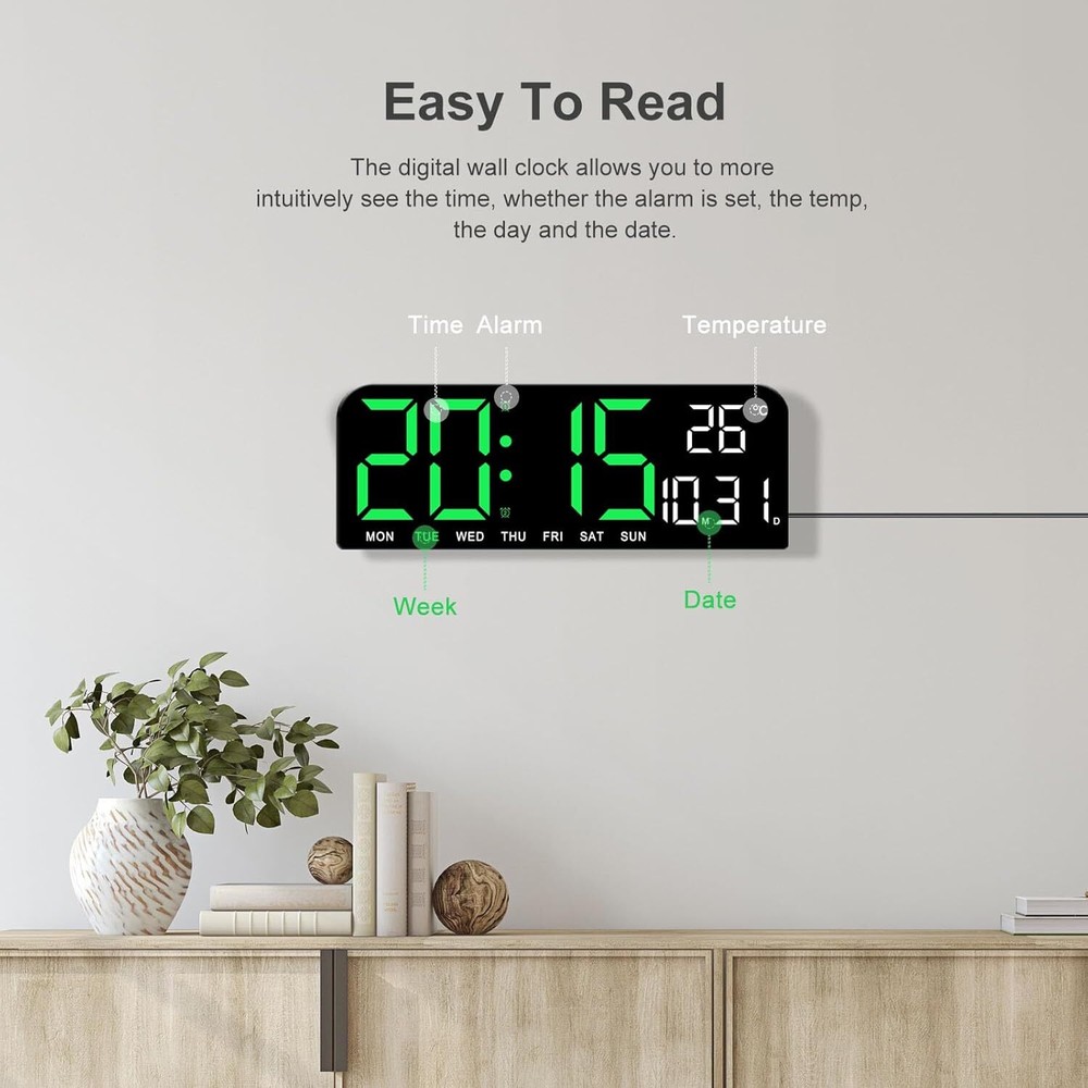 10" Digital Wall Clock Large Display with Auto-Dimming Date/Week/Temperature