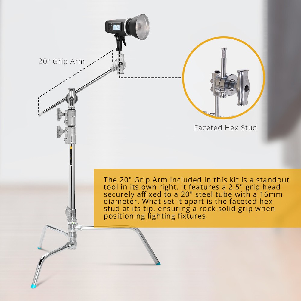 Flashpoint 20" Quick Release Turtle Base C-Stand Kit, Grip Head Arm (Chrome)