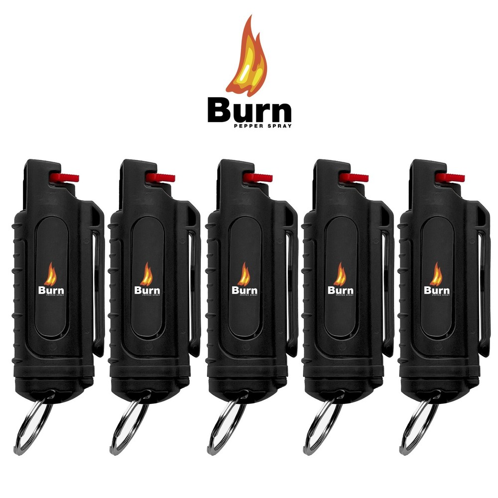 5 PACK BURN Pepper Spray 0.5oz Self Defense Security Keychain Case Black Molded