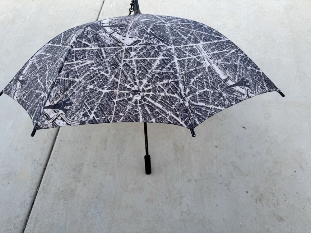 Paris Map Umbrella Grey Mauve Black Eiffel Tower Wood Handle