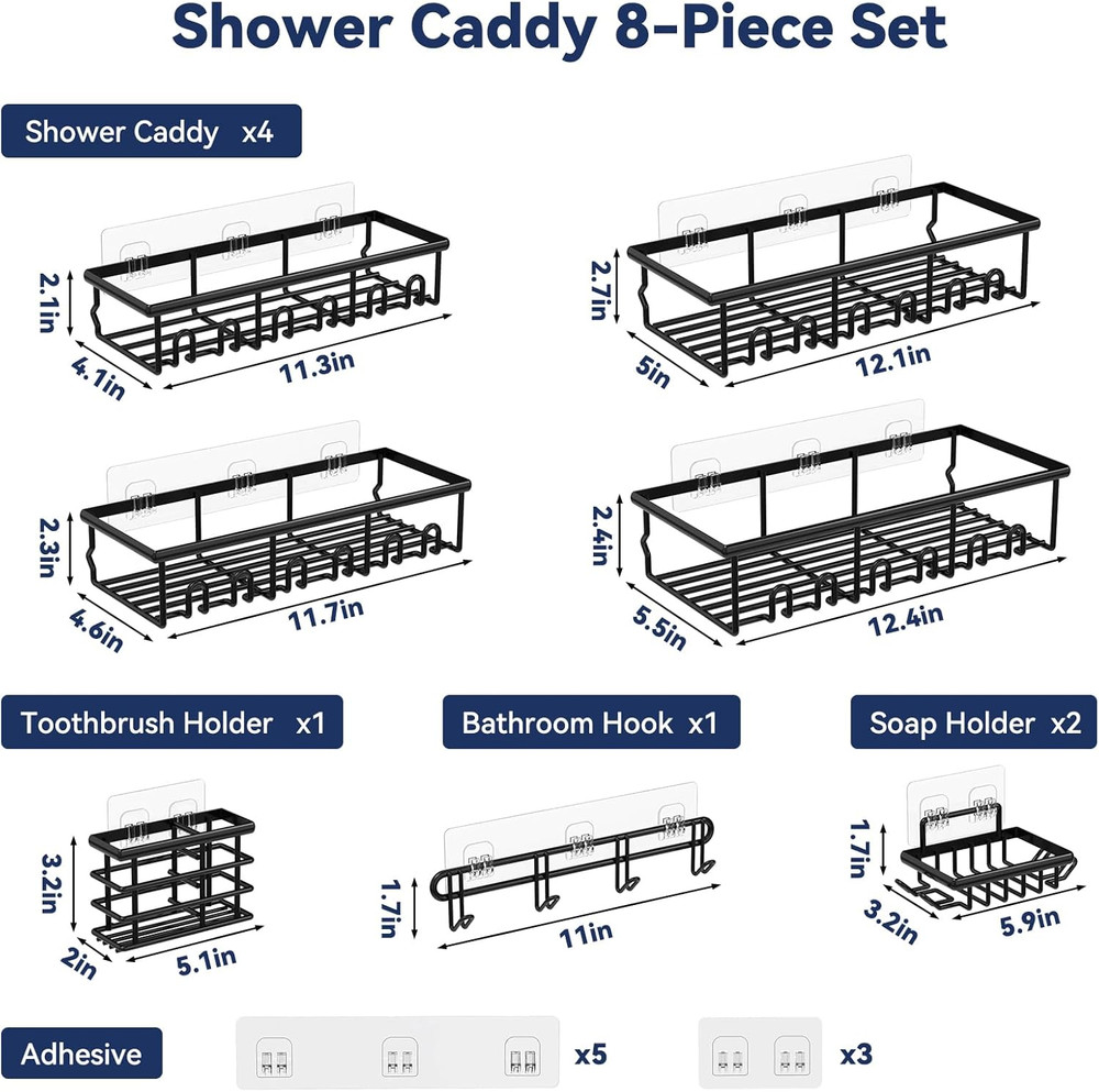 8 Pack Adhesive Rustproof Shower Caddy with Soap Dishes, Toothbrush Holder & Hoo