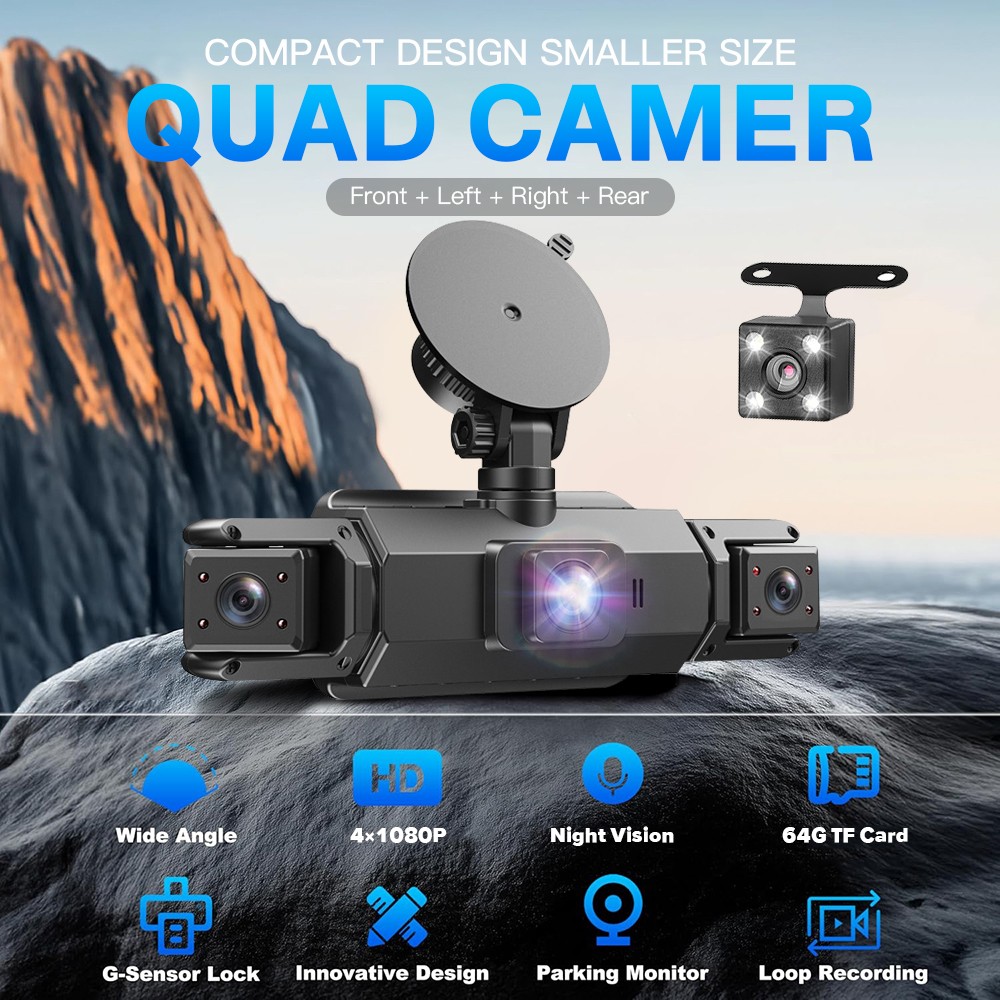 360° View 4 Channel Dash Cam Front and Rear Inside Left Right, Dash Camera US