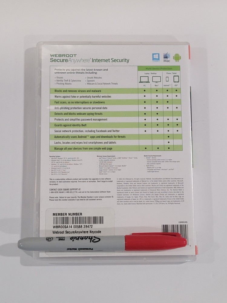 Webroot Secure Anywhere Internet Security w Antivirus PC Mac Mobile 3 Device