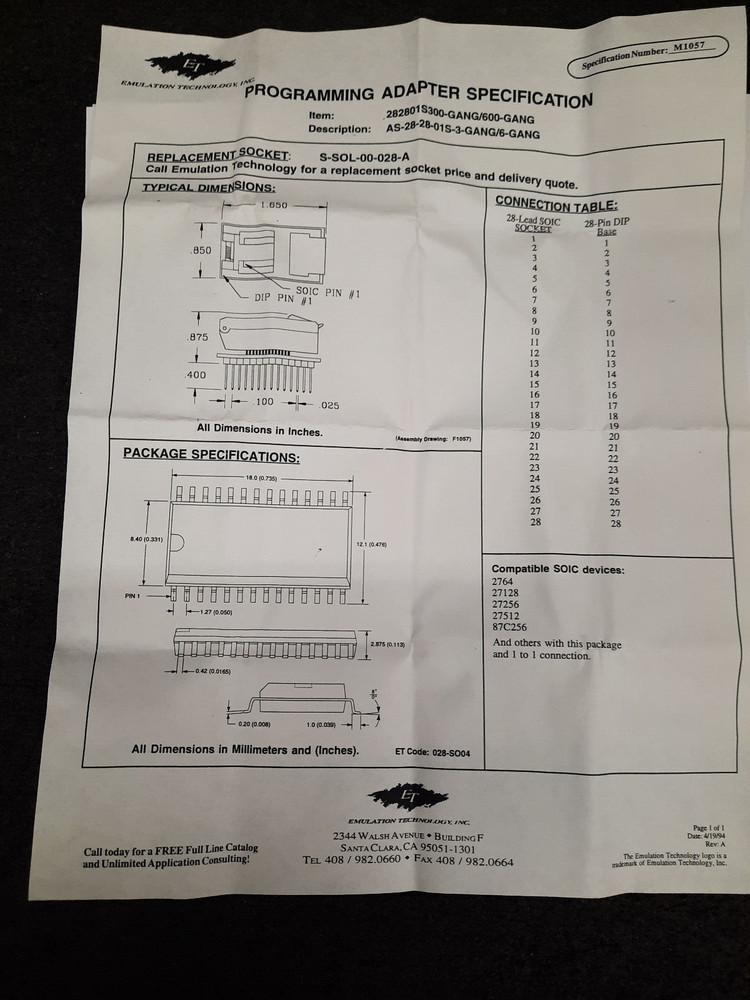 New Emulation Technology 282801S600 Gang SSOP 28 Programming Socket Adapter
