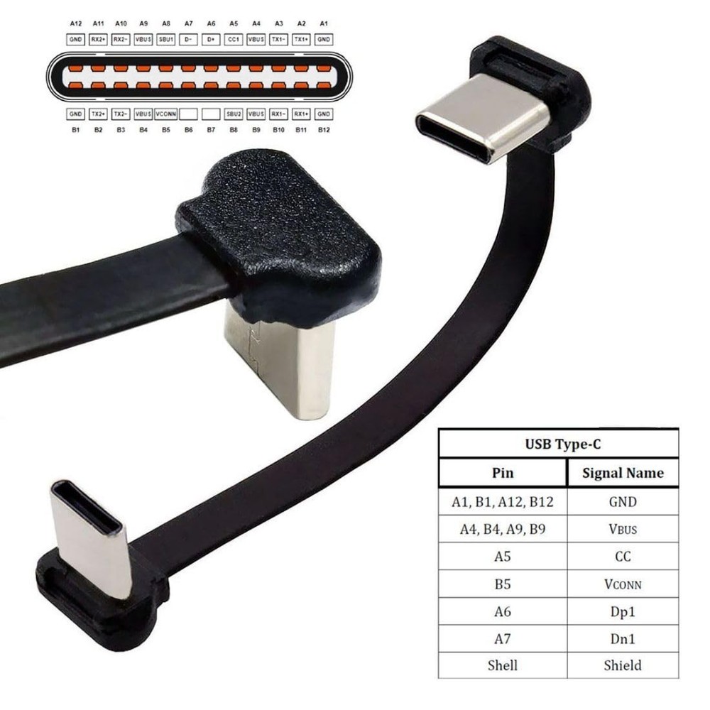 chenyang USB C Short Flat Cable 2.0 Type C Dual 90 Degree 70MM, Black