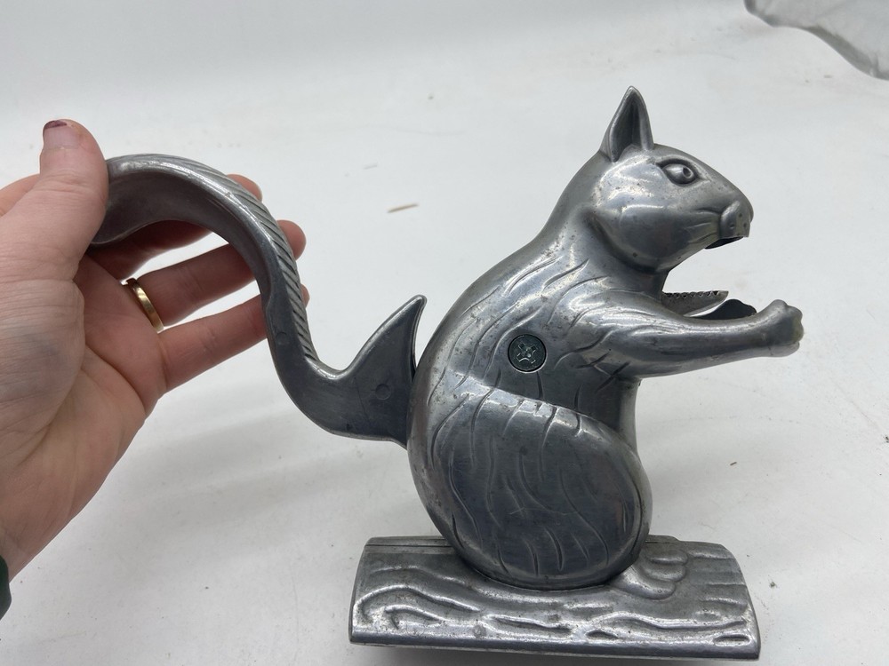 Vintage Aluminum Metal Squirrel on Log Nutcracker