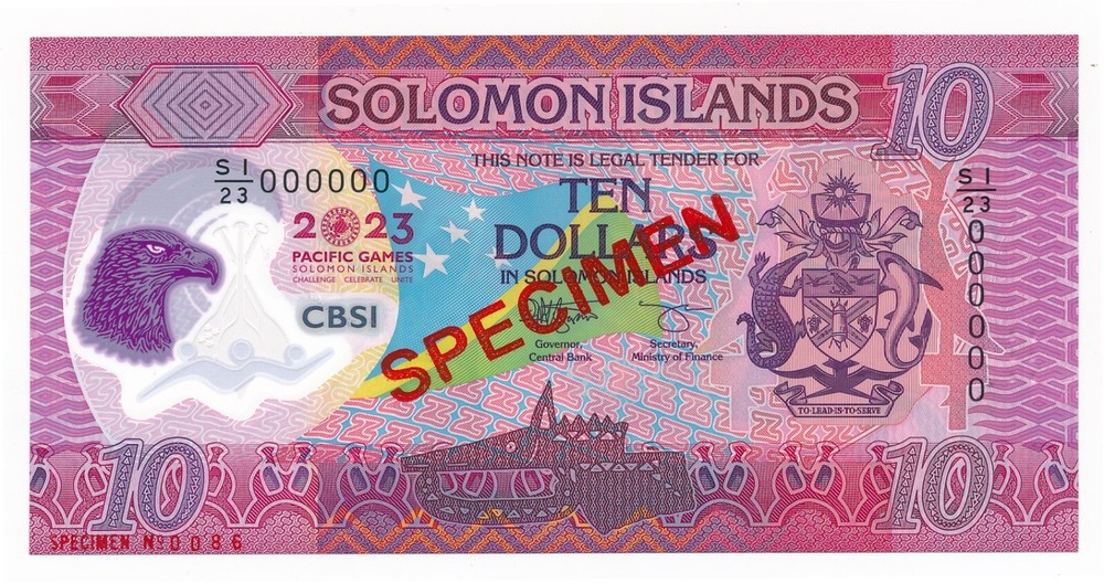 Solomon Islands 10 Dollars $10 2023 SPECIMEN Polymer Note Unc; Pacific Games