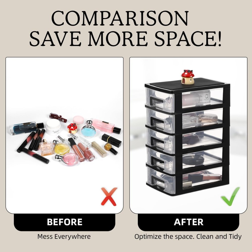 5 Tier Plastic Drawer Type Closet, Clear Stacking Desktop Makeup Organizer St...