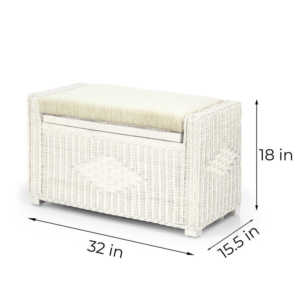 Handmade Rectangular Chest Ottoman Bruno Rattan Wicker w/Cushion 32", White