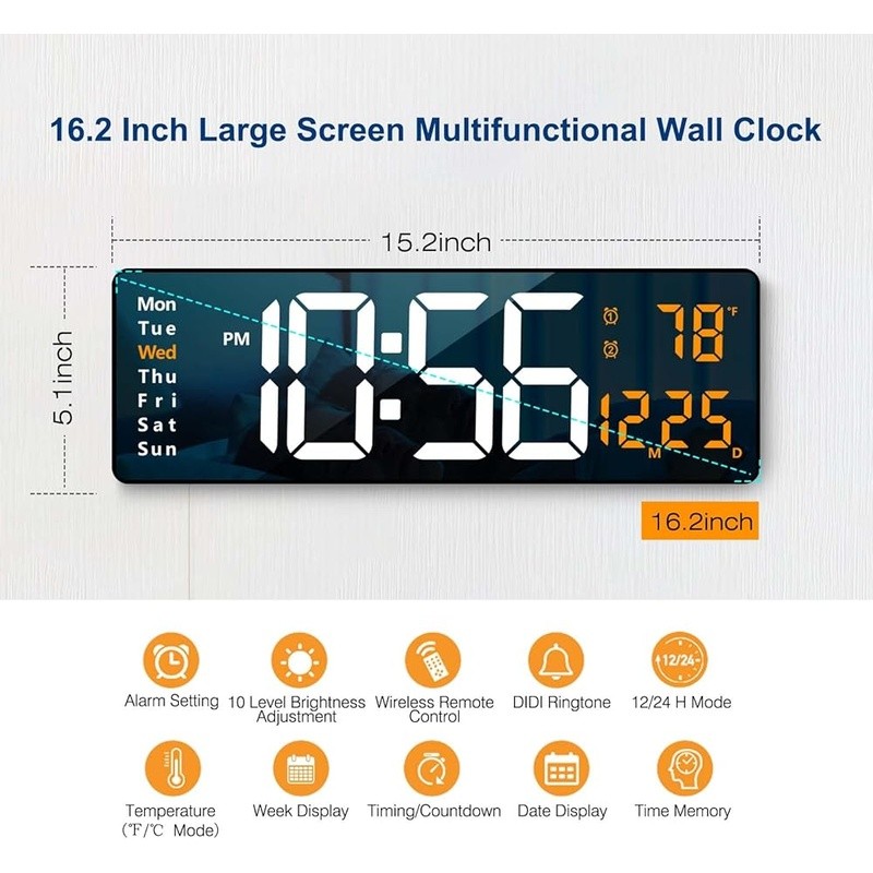 Large Digital Wall Clock Remote Control Brightness Memory Function Alarm Timer
