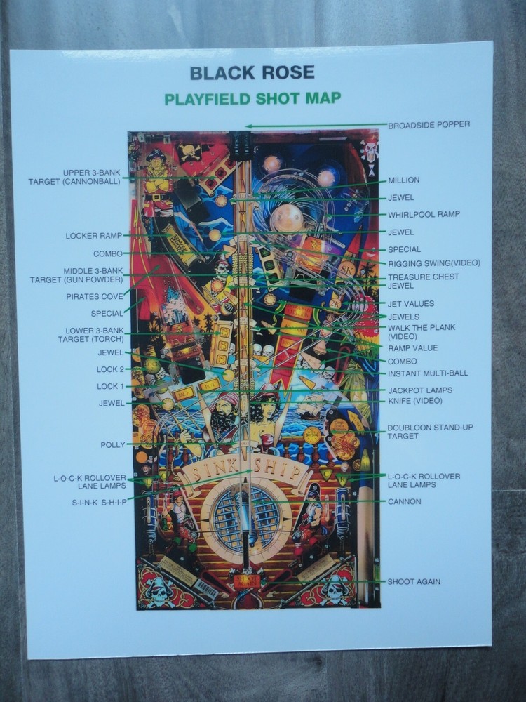 Black Rose Promo Pinball Machine Rules & Shot Map Mint