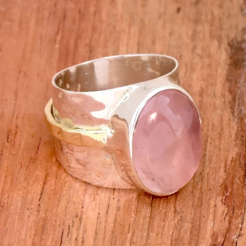 Solid 925 Sterling Silver Rose Quartz Oval Gemstone Hammered Wide Band Ring
