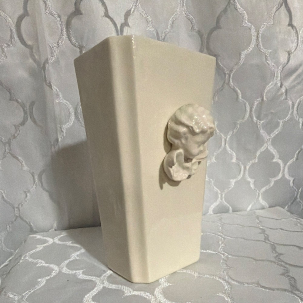 White Ceramic Angel Relief Decorative Vase Glossy Solid Pottery