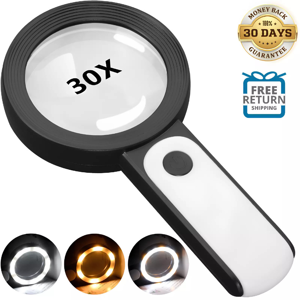 Magnifying Glass 30X Handheld w/18LED 3 Light Mode Larg Illuminated Reading Tool