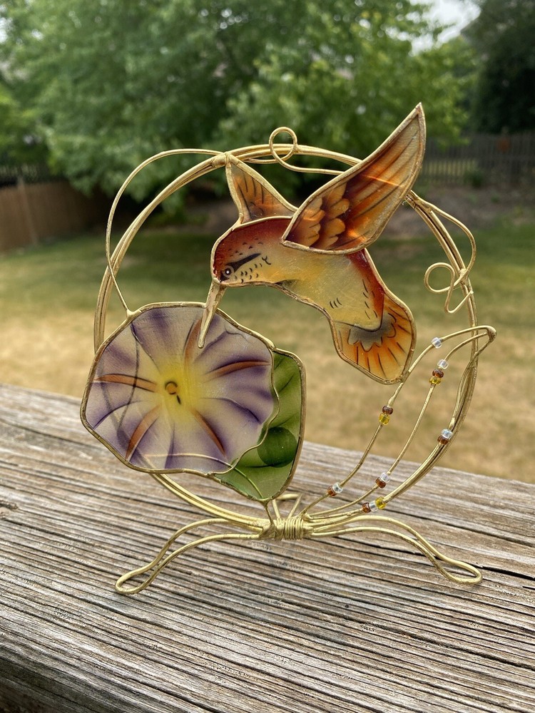 Vintage Capiz Shell & Wire Suncatcher Hummingbird/Flower 5” UNIQUE self-standing