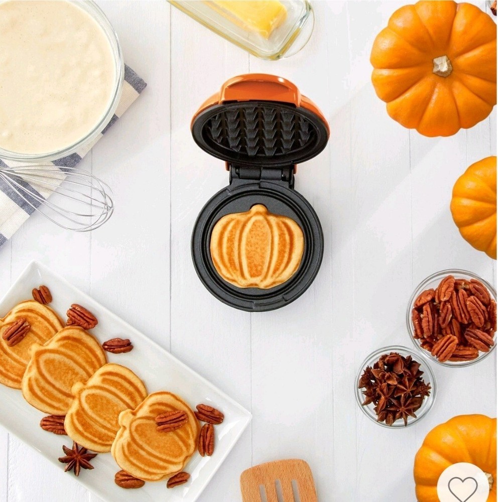 Dash Pumpkin Shaped Mini Nonstick Waffle Maker Orange Halloween Fall Breakfast
