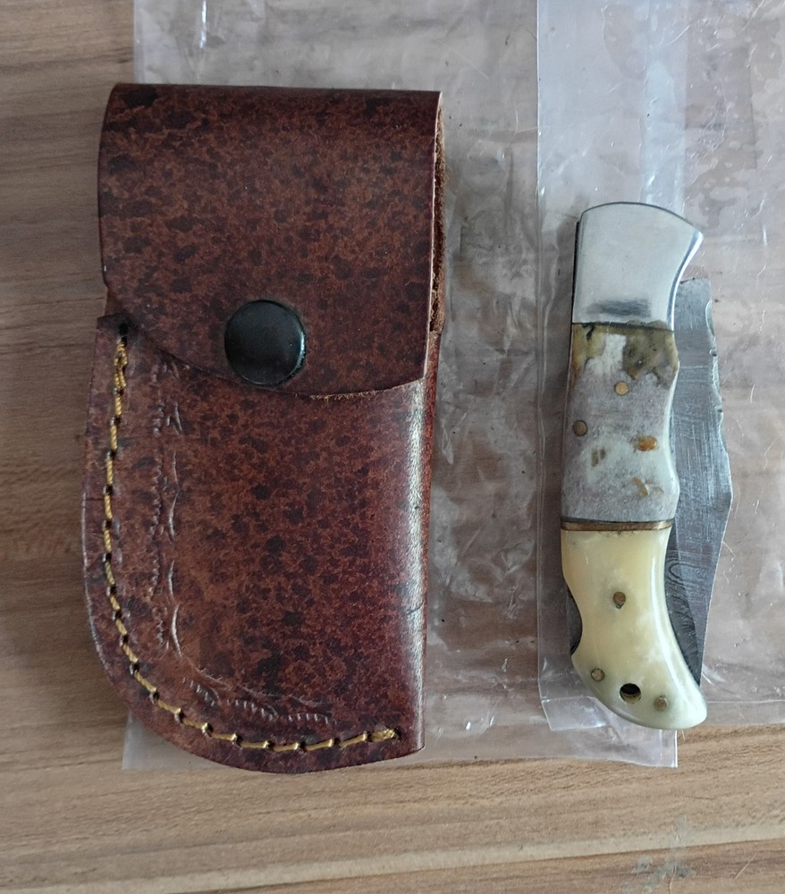 Lockblade Folder Antler/Bone Damascus Steel, Custom Made, Leather Sheath, Read
