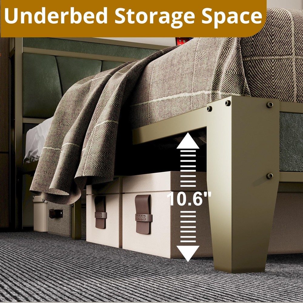 King Bed Frame, Storage Headboard with Charging Station, Solid and Stable, No...