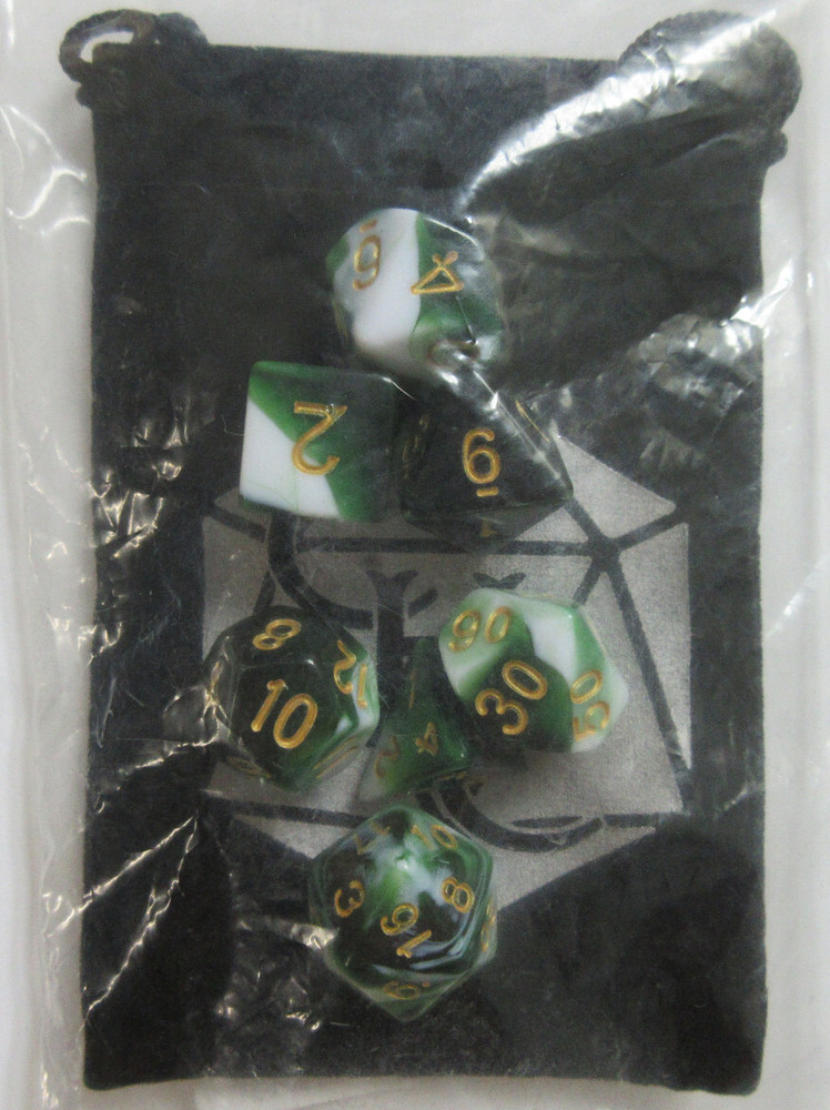 Polyhedral 7 piece  Dice Set with Bag - Milky Green Marbled