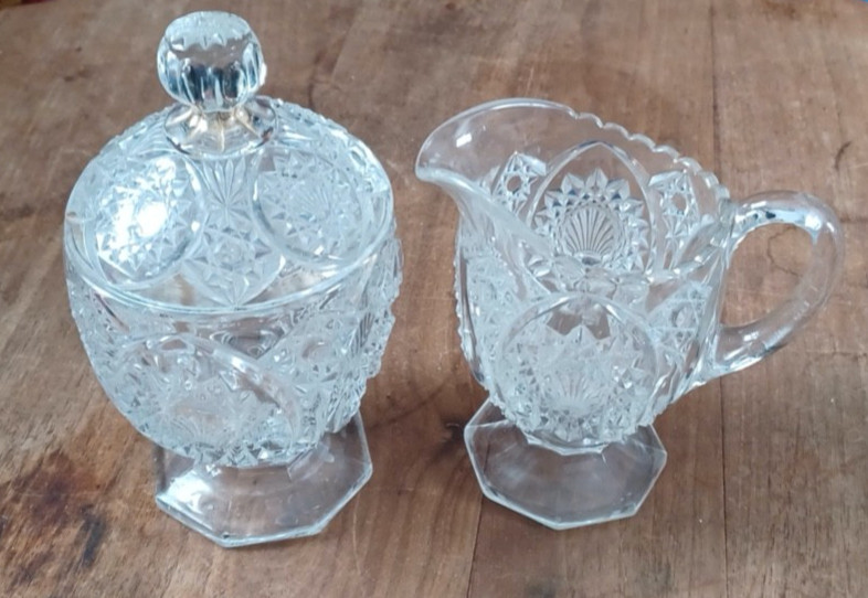 Cut Glass Footed Cream Pitcher and Covered Sugar Bowl