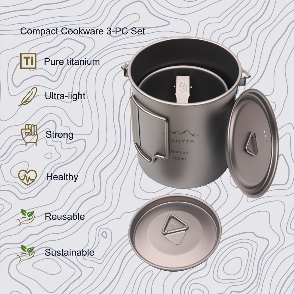 Titanium Camping Cookware Set – 700mL Pot with 380mL Drink Cup & Foldable Spo...