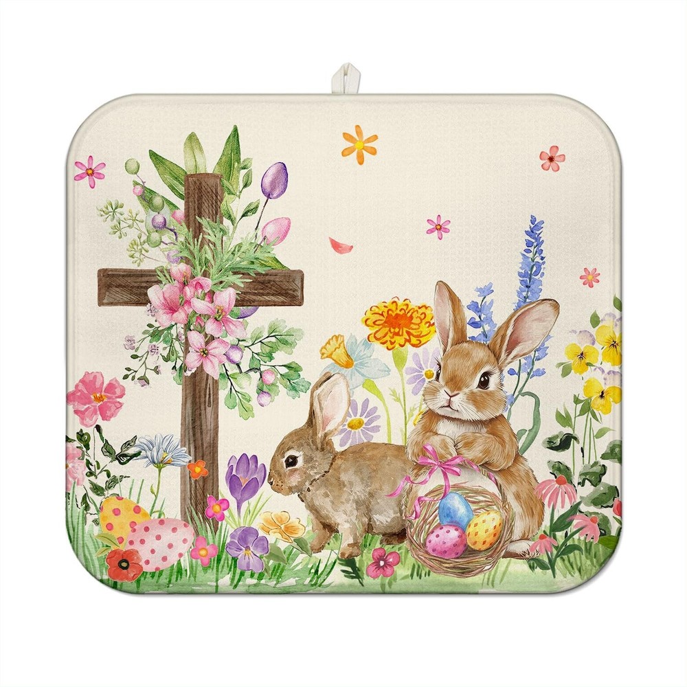 Easter Dish Drying Mat for Kitchen Counter,Cute Bunny Spring Florals Microfib...