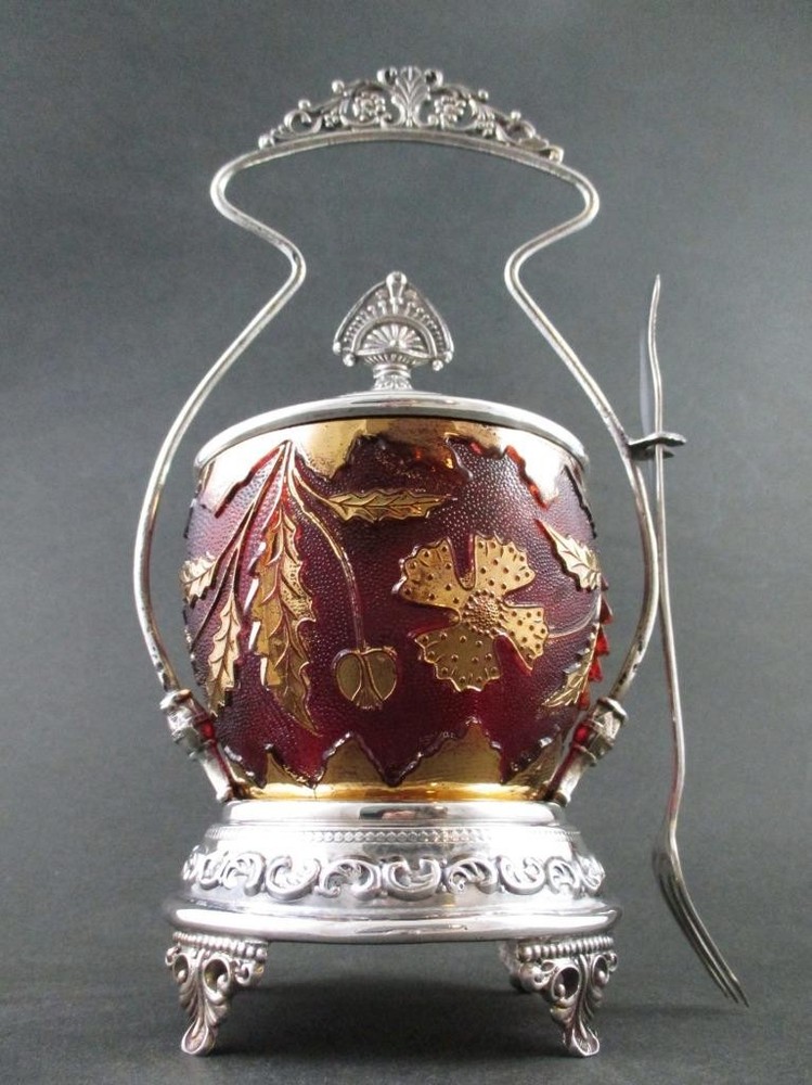 DELAWARE eapg Ruby Stained JAR - Antique PICKLE CASTOR - 7" long FORK