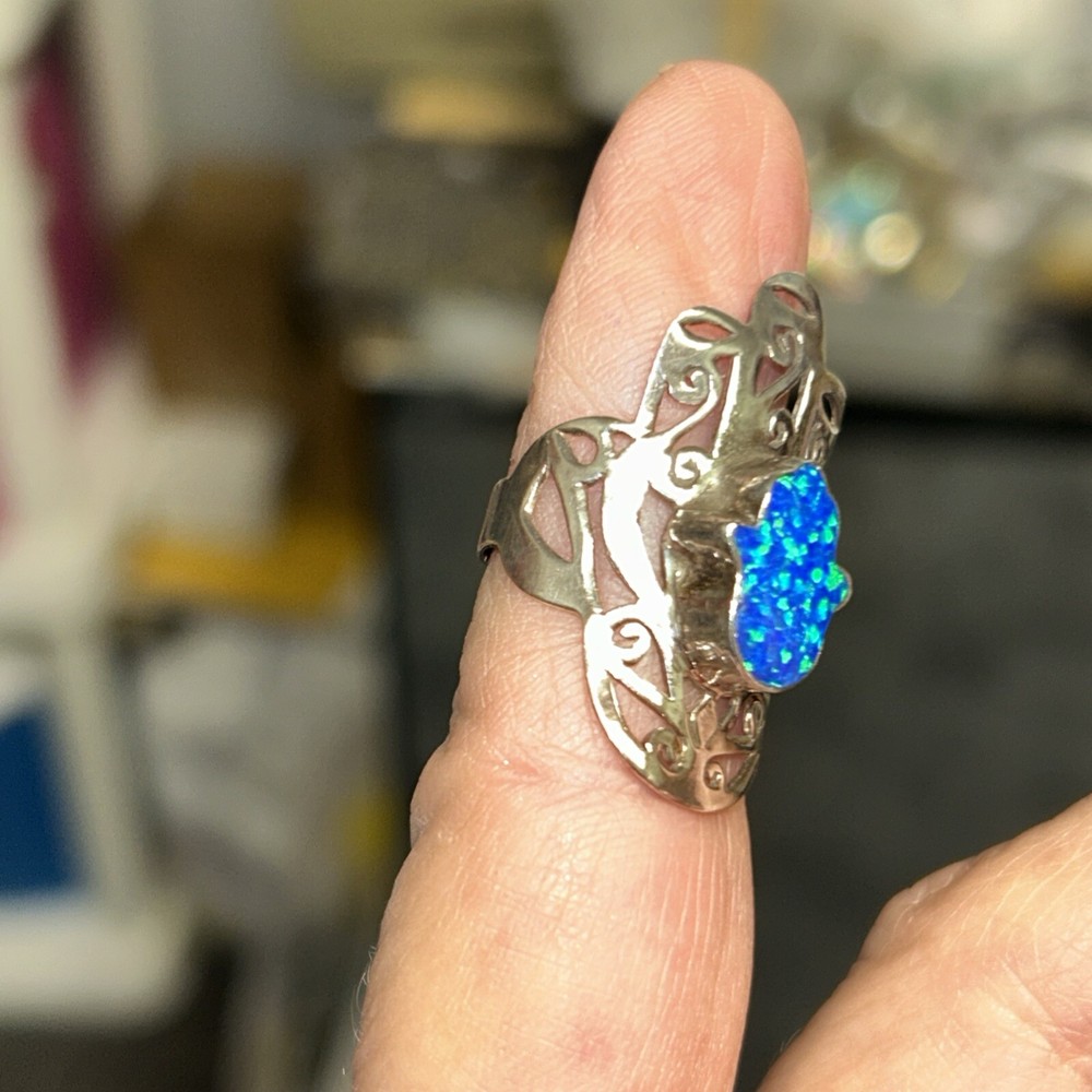 925 Sterling Australian Opal Hamsa Hand Ring Size 5