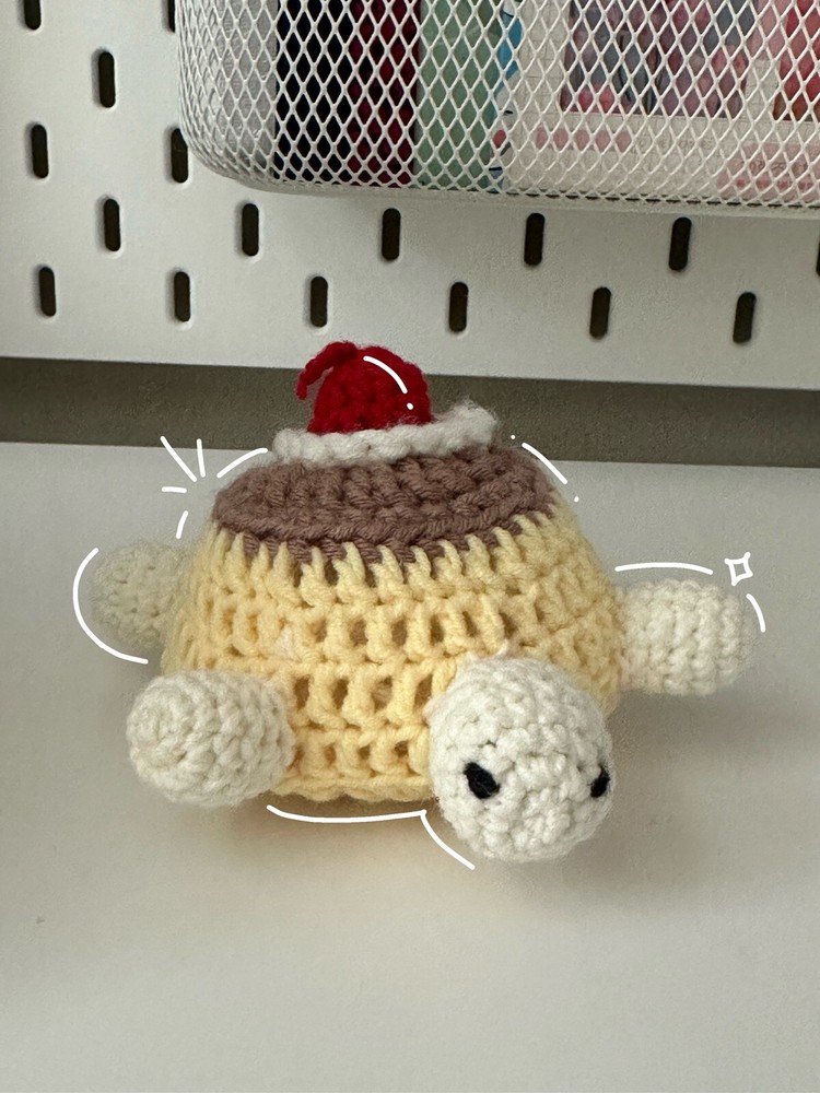 Handmade Crochet Cream Cherry Caramel Pudding Turtle Stuffed Animal!