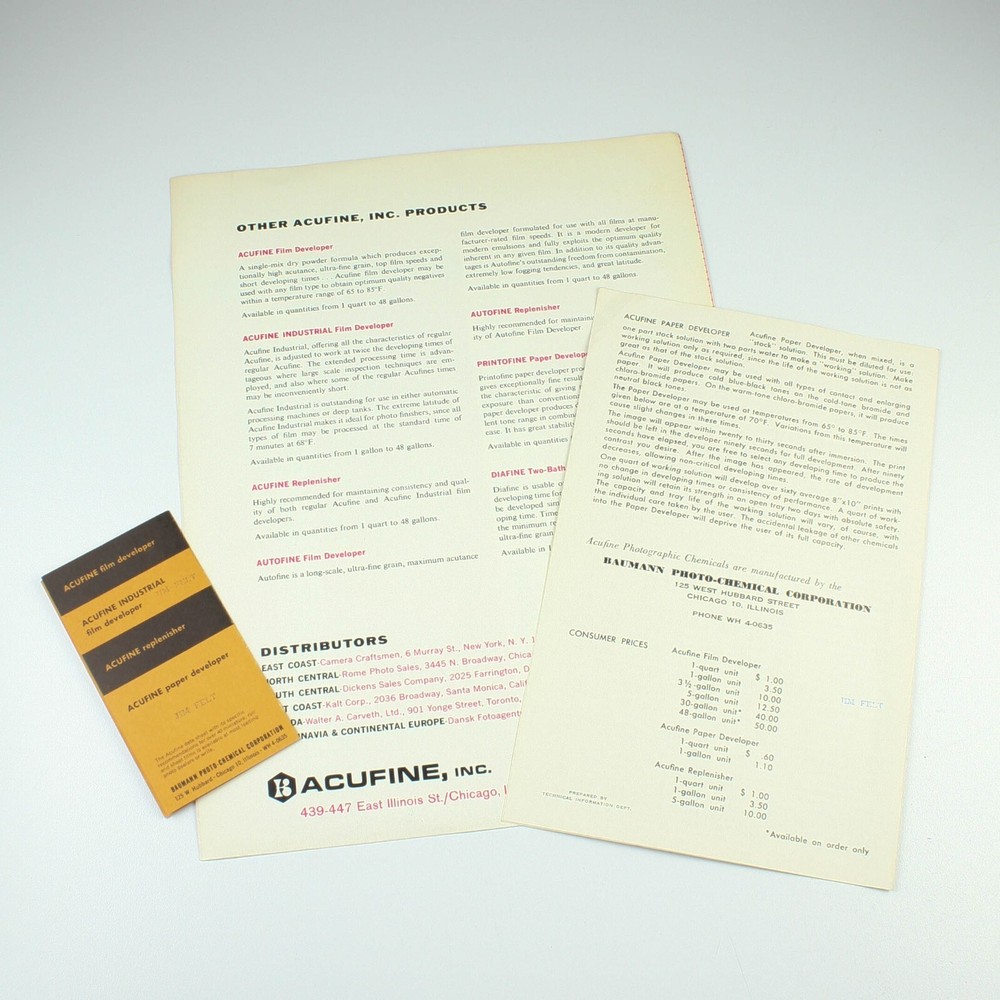Acufine Film Developer - Instructions - Guide - Brochure - 1960's