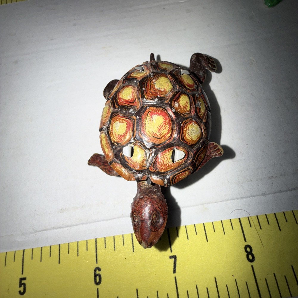 Antique Primitive Hand Painted Tin Turtle Pull Toy bin4 bg