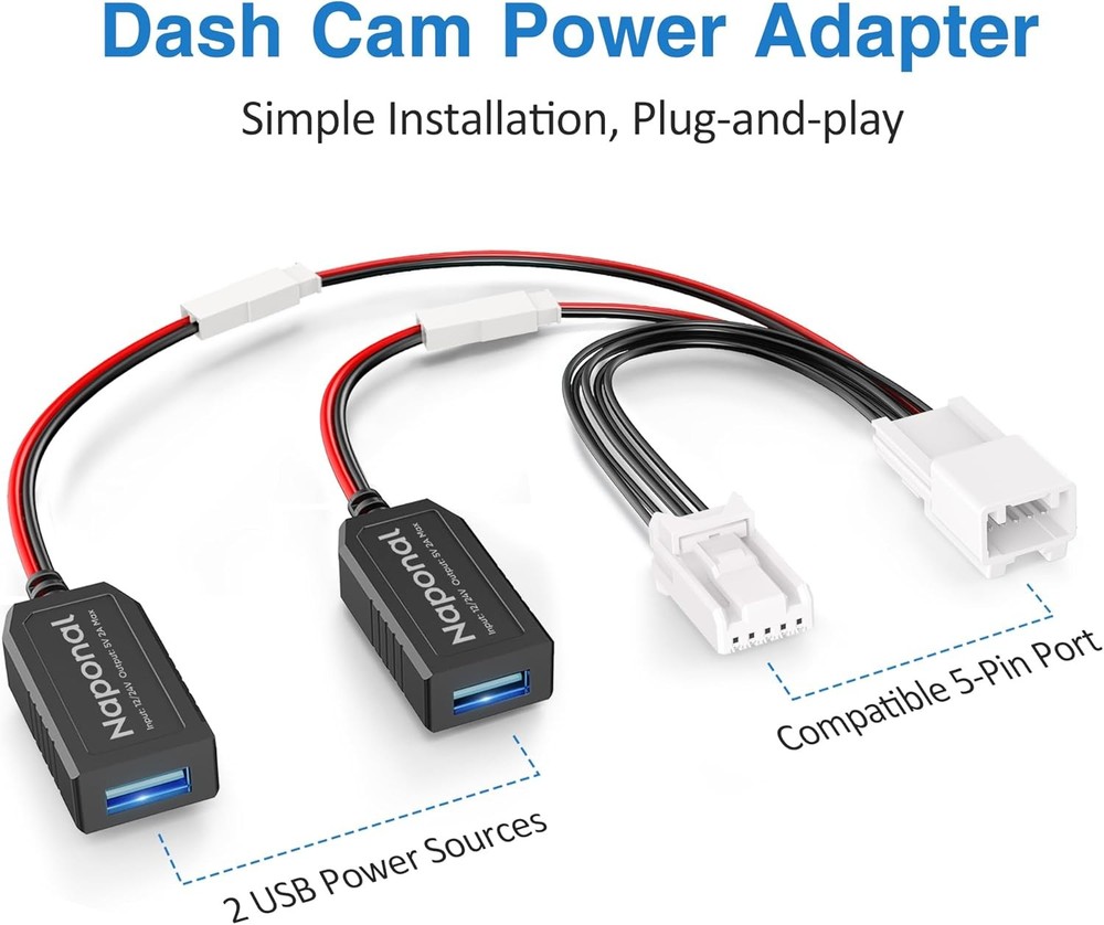 GPS Dash Cam Power Adapter, (5Pin Type E Connector) Mirror Camera Radar Black