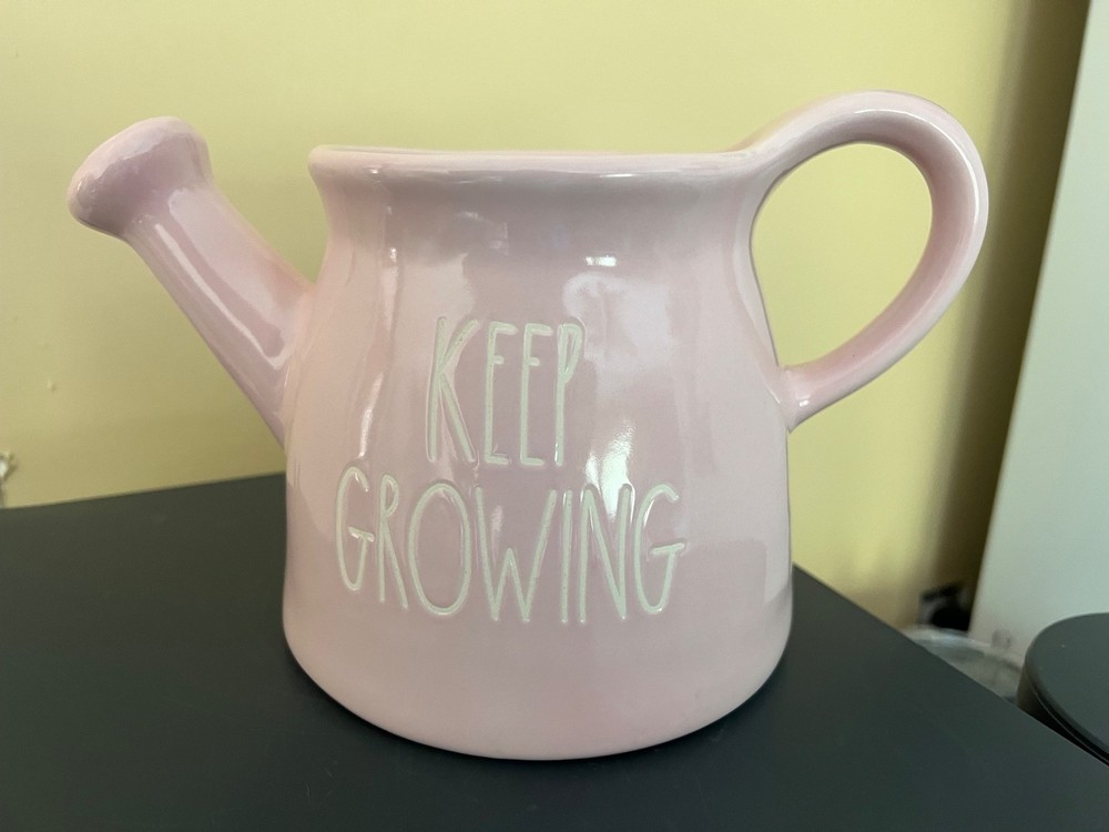 Rae Dunn KEEP GROWING Watering Can Planter Pink Ceramic Glossy