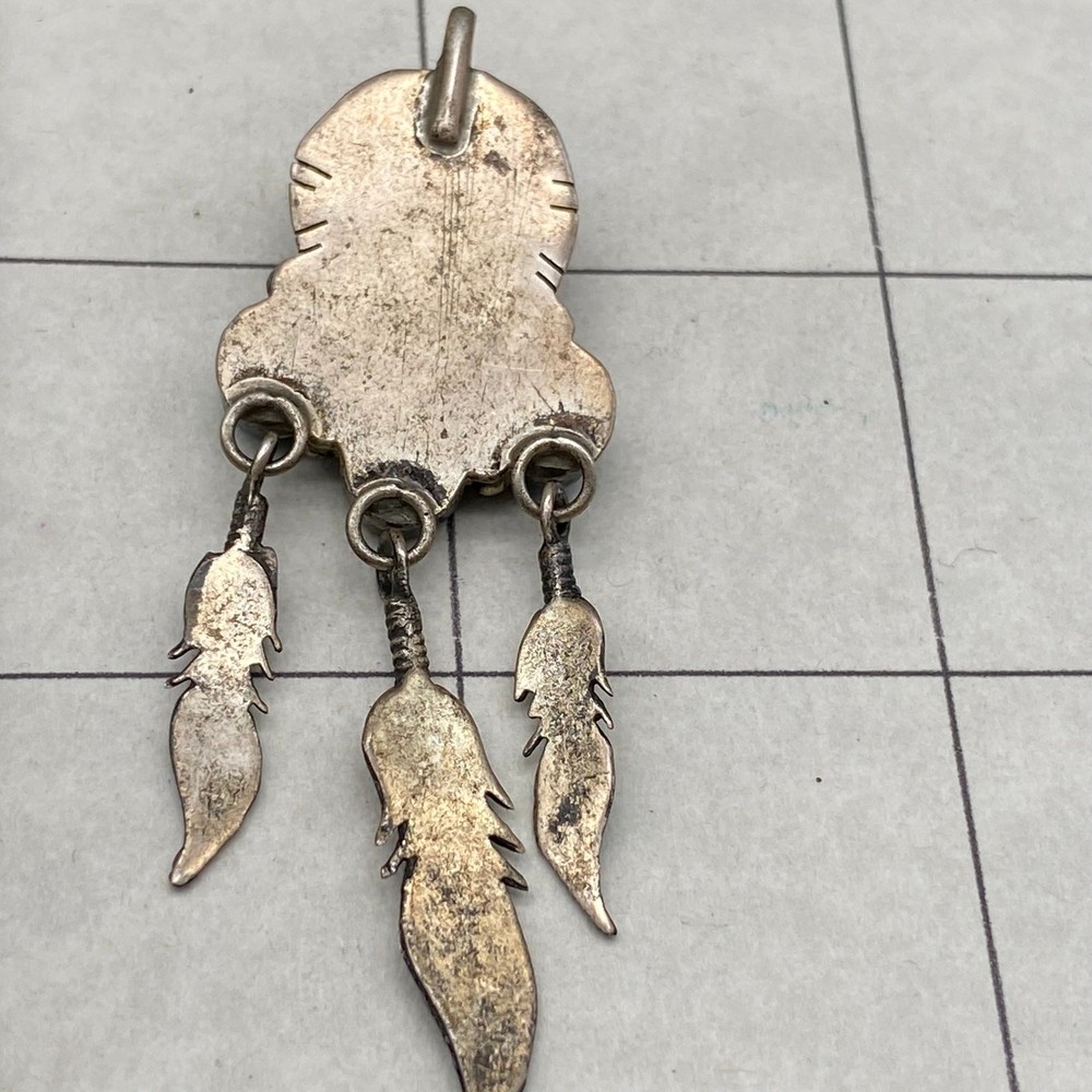 Vintage Navajo Native Buffalo Turquoise Feather Dangle Silver Pendant
