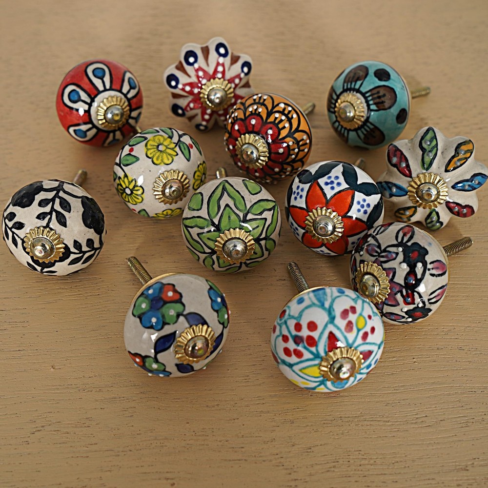 Cabinet Knobs and Pulls - Indian Vintage Pottery Ceramic Kitchen Cupboard Dra...