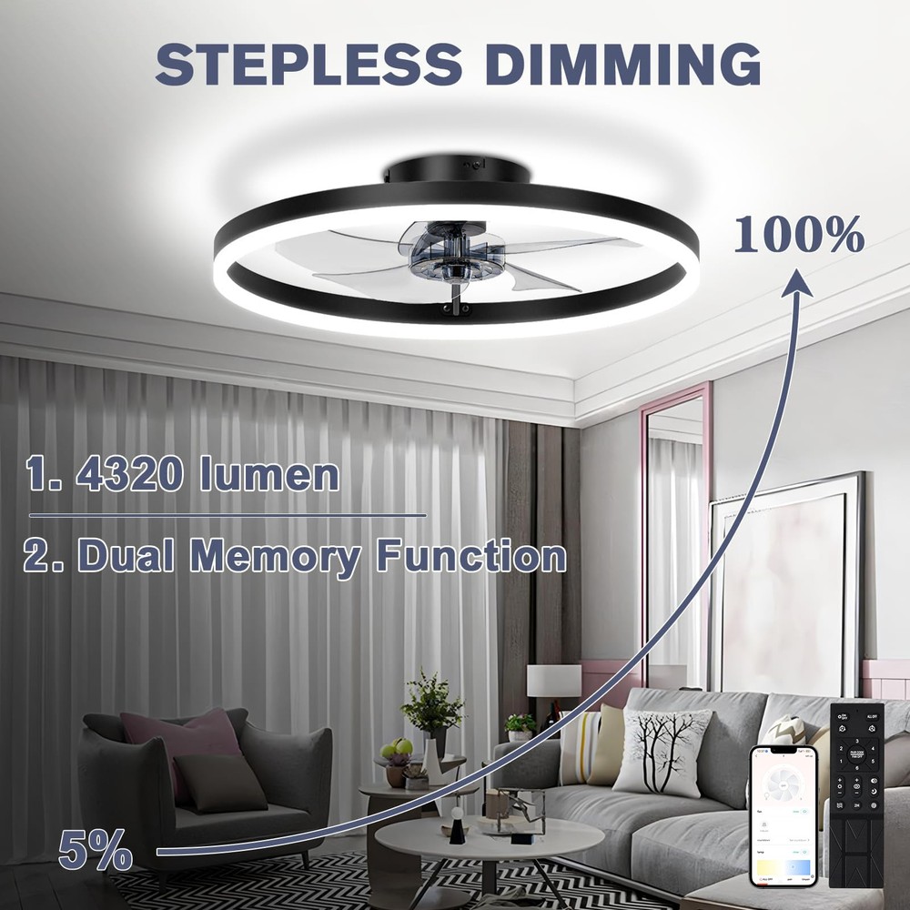 20" Modern Fan Lights Flush Mount LED Ceiling Light kit With APP Remote Control