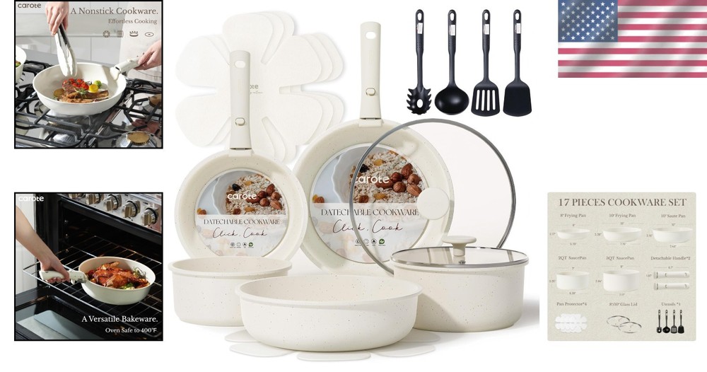 Versatile Induction Cookware - 17-Piece Nonstick Set with Space-Saving Handles