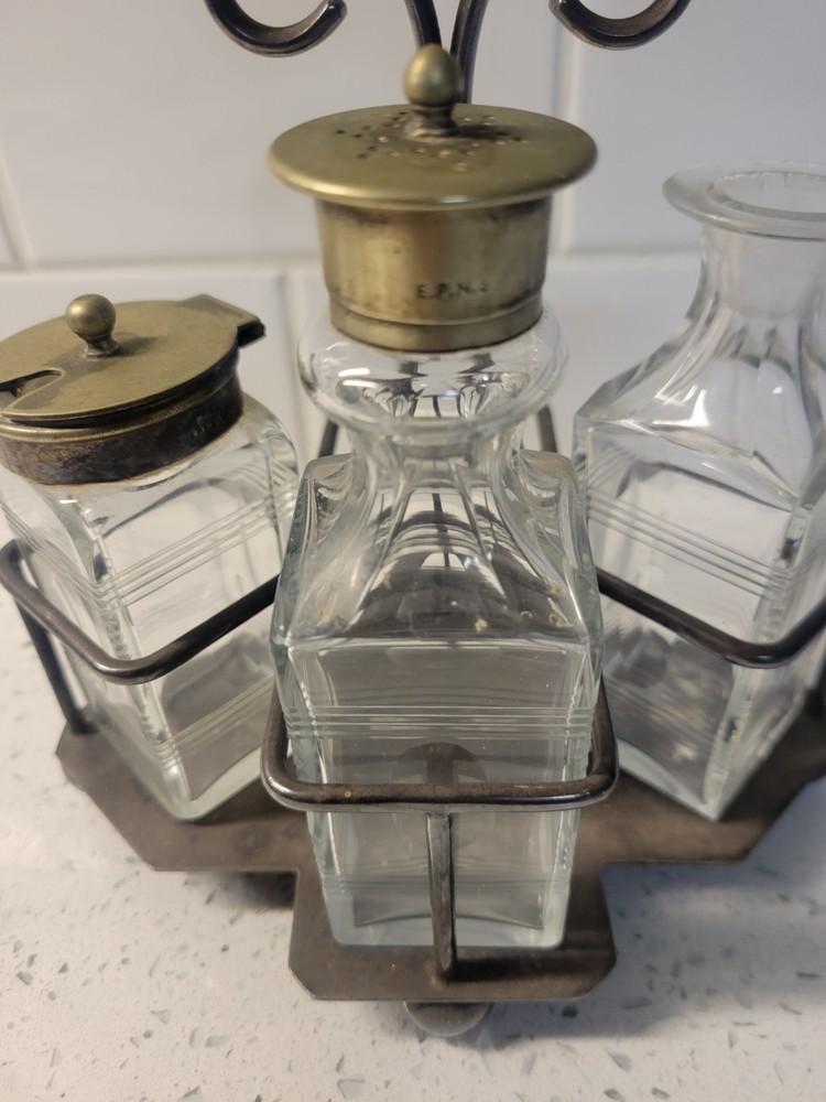 antique silver-plated cruet set,missing 1 stopper and 1 bottle