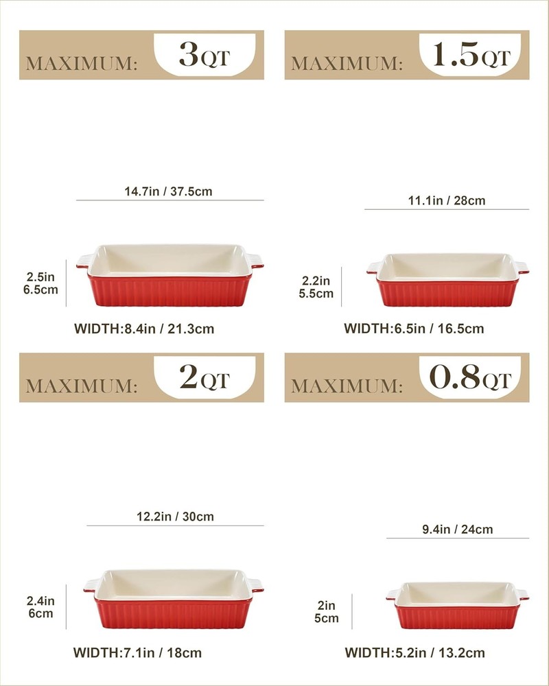 Rectangular Baking Pans Set for Casseroles, 4 Sizes, Red