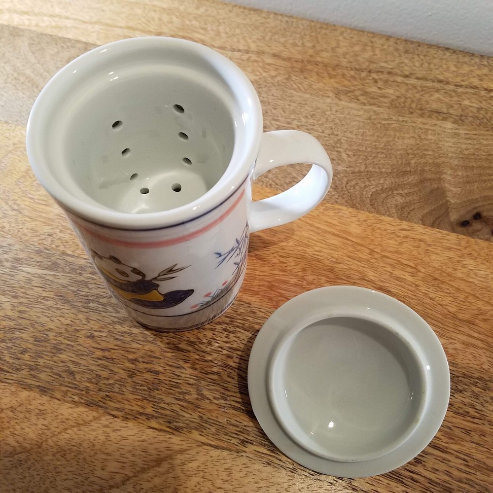 Blue Moon Panda Bear Lidded Tea Infuser Mug Cup Lid Ceramic Teacup Pot Maker